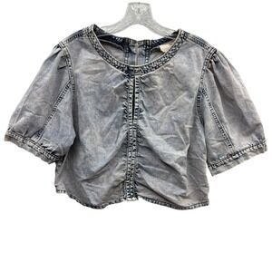 Savanna Jane Women's Blue Acid‎ Wash Denim Ruched Puff Sleeve Crop Top  L